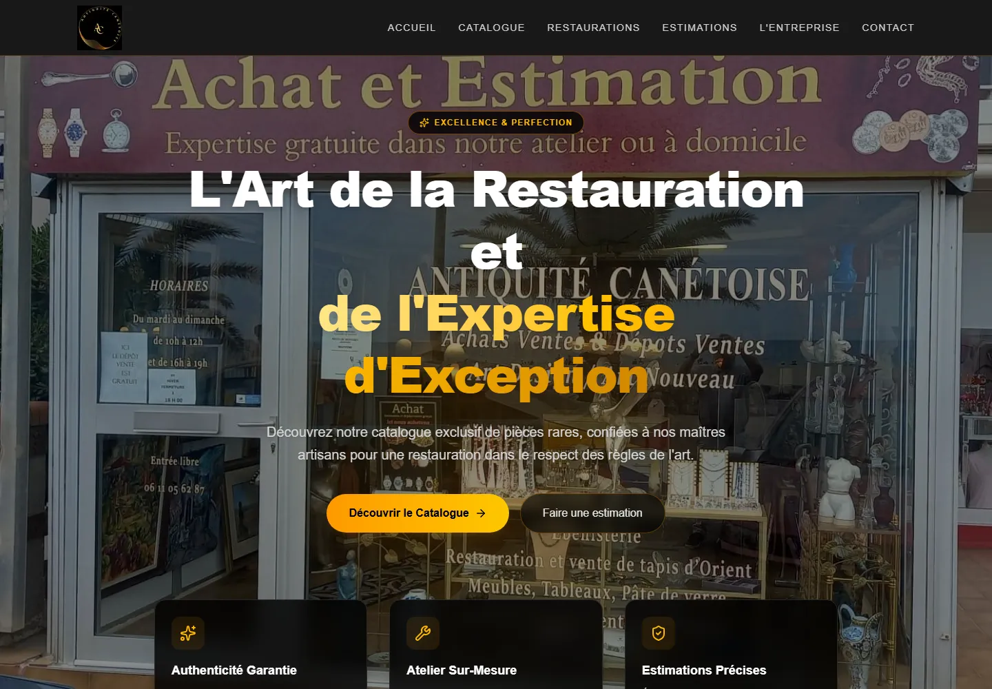 Page d’accueil du site Antiquité Canétoise, capture réelle sur ordinateur.