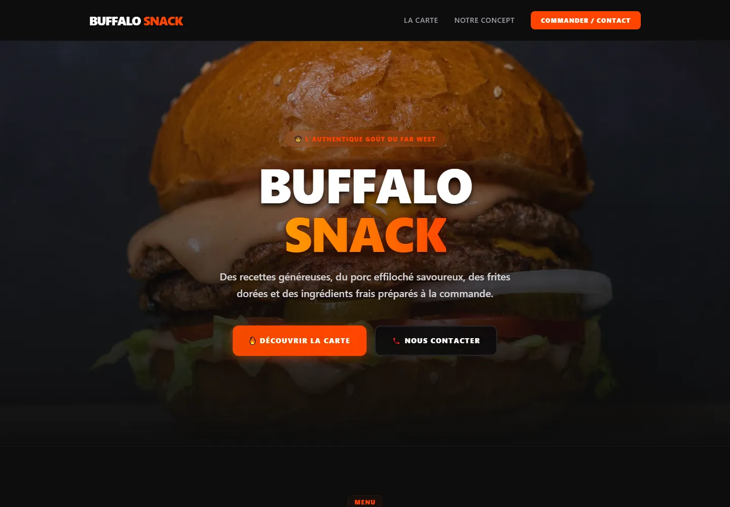 Page d’accueil du site Buffalo Snack, capture réelle sur ordinateur.