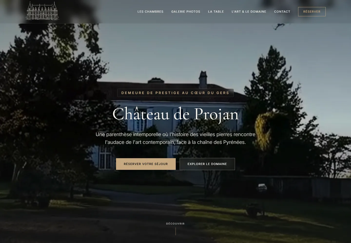 Page d’accueil du site Château de Projan, capture réelle sur ordinateur.