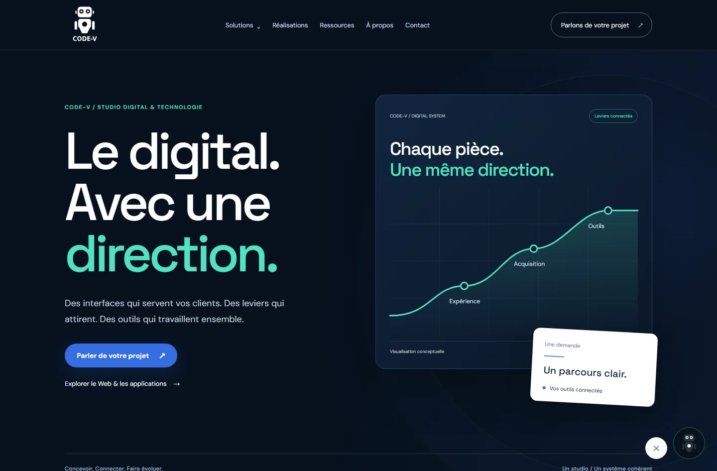 Capture réelle du hero CODE-V : Le digital. Avec une direction, accompagné de la trajectoire conceptuelle.