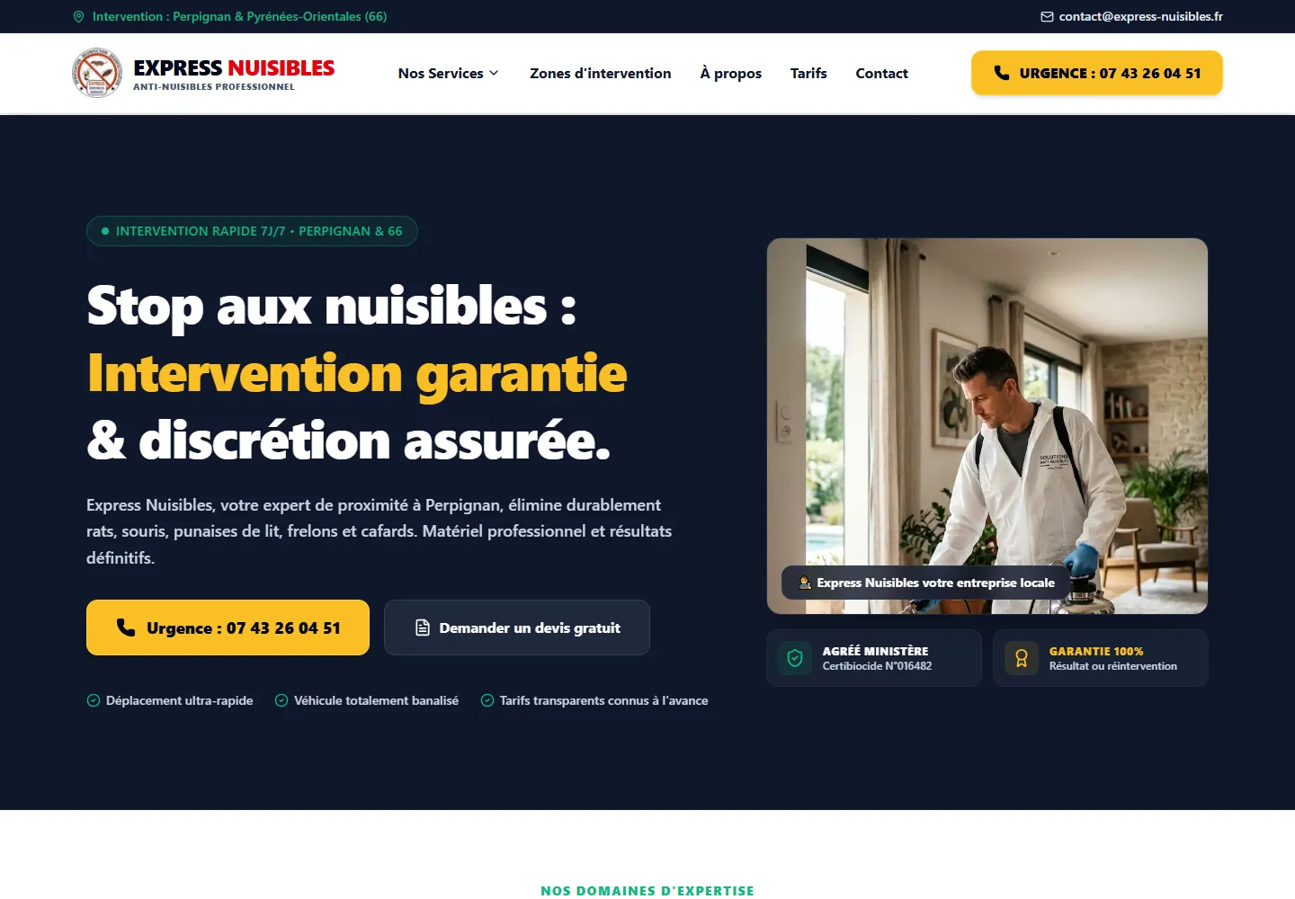 Page d’accueil du site Express Nuisibles, capture réelle sur ordinateur.
