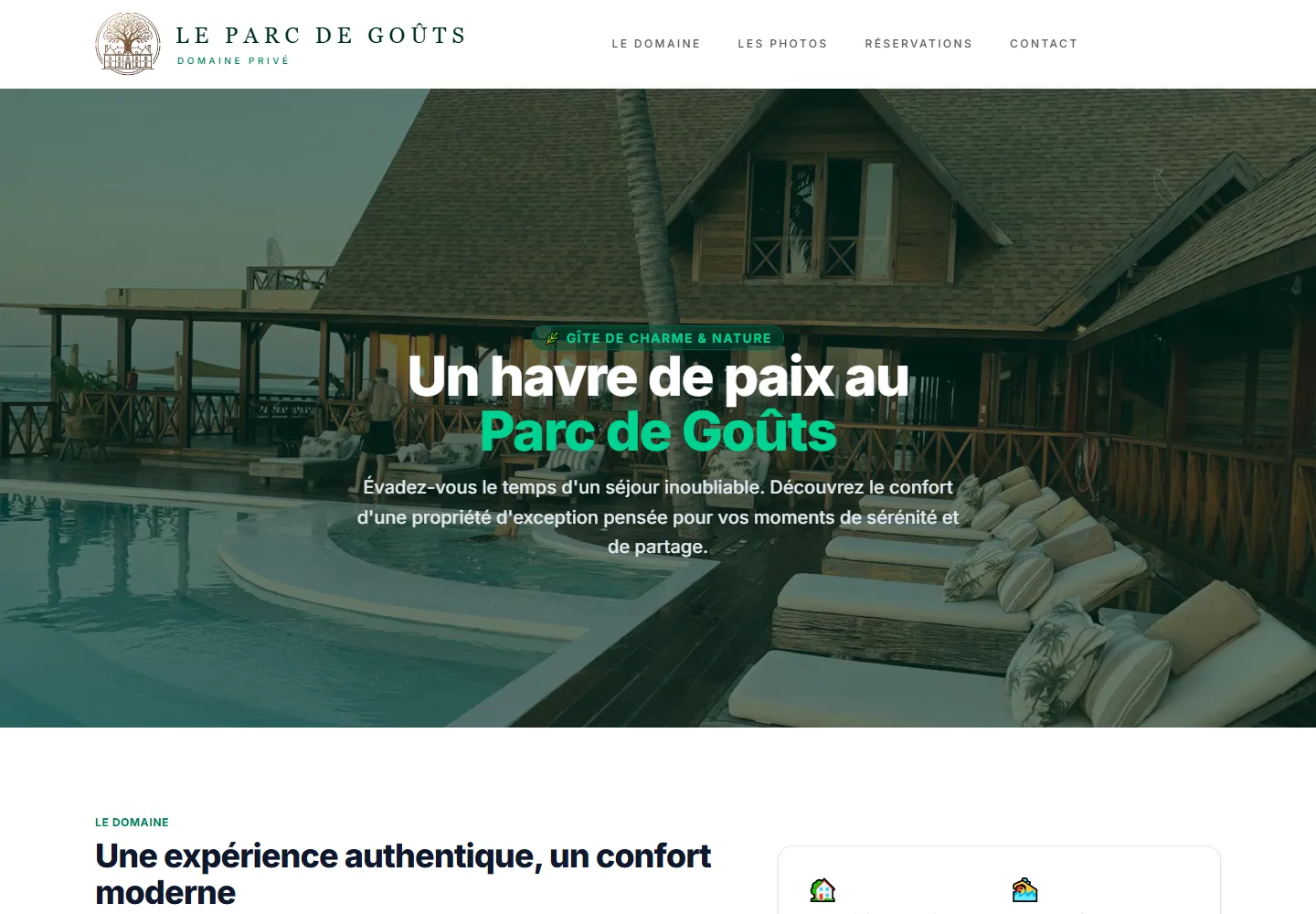 Page d’accueil du site Le Parc de Goûts, capture réelle sur ordinateur.