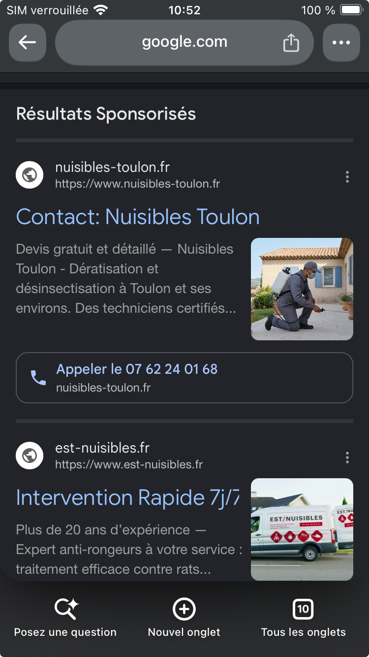 Sur la recherche observée à Toulon, nuisibles-toulon.fr apparaît en première position sponsorisée au moment de la capture.