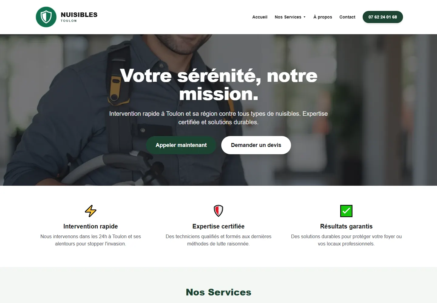 Capture réelle de la page d’accueil du site Nuisibles Toulon créé par CODE-V.