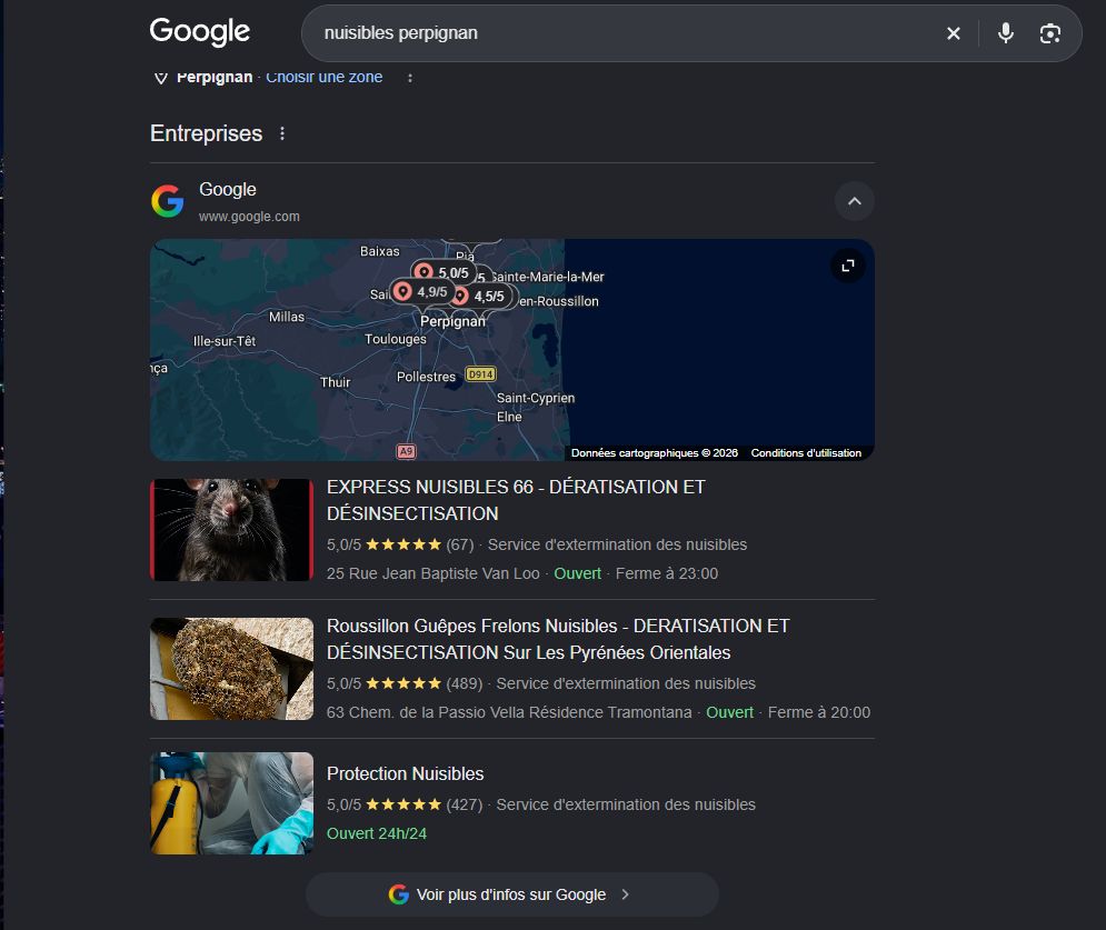 Protection Nuisibles apparaît dans le top 3 local Google sur la requête « nuisibles perpignan » au moment de la capture.