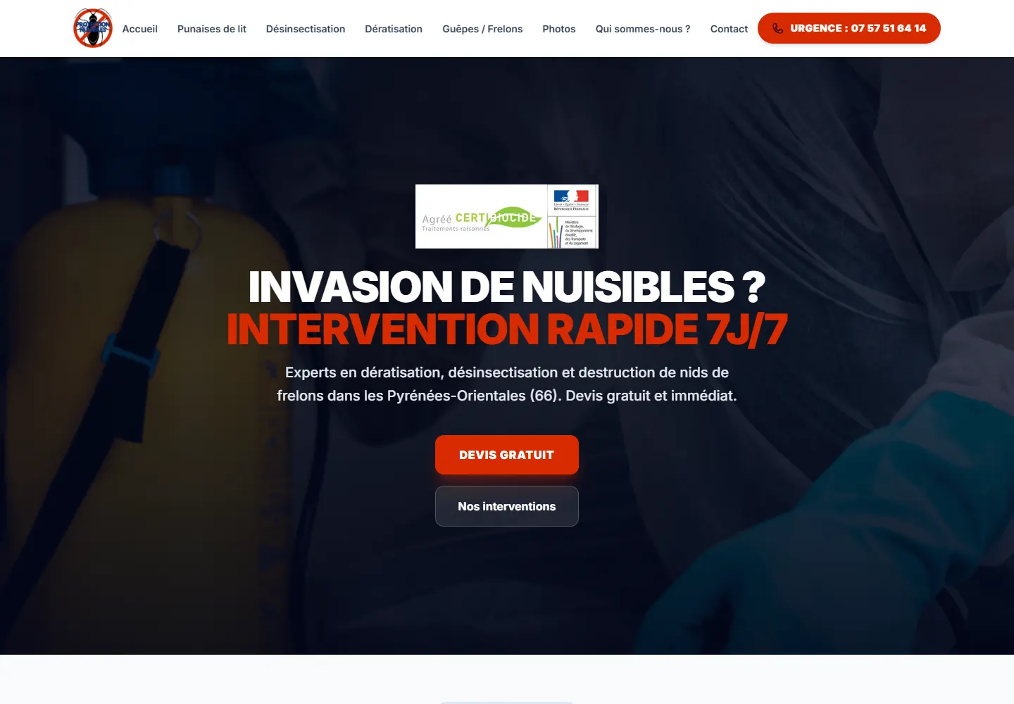 Accueil réel de Protection Nuisibles : services de traitement des nuisibles et demande de devis.